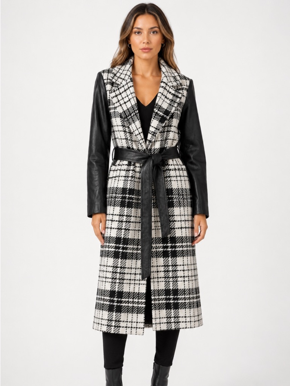 NWT Helene Berman Wool Blend Black White Faux Leather Sleeve Trench Coat Size 8